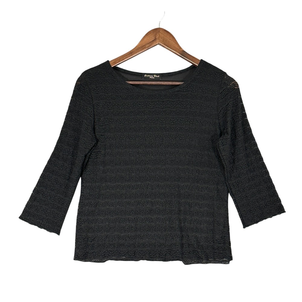 Brittany Black Lace Blouse Women Petite L Black Excellent 3/4 Sleeve Lined Top